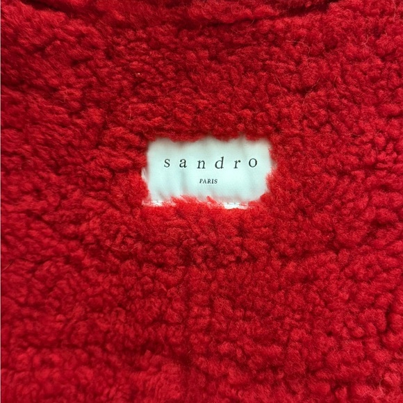 Sandro Black Leather Jacket with Red Shearling Trim - Picture 3 of 6